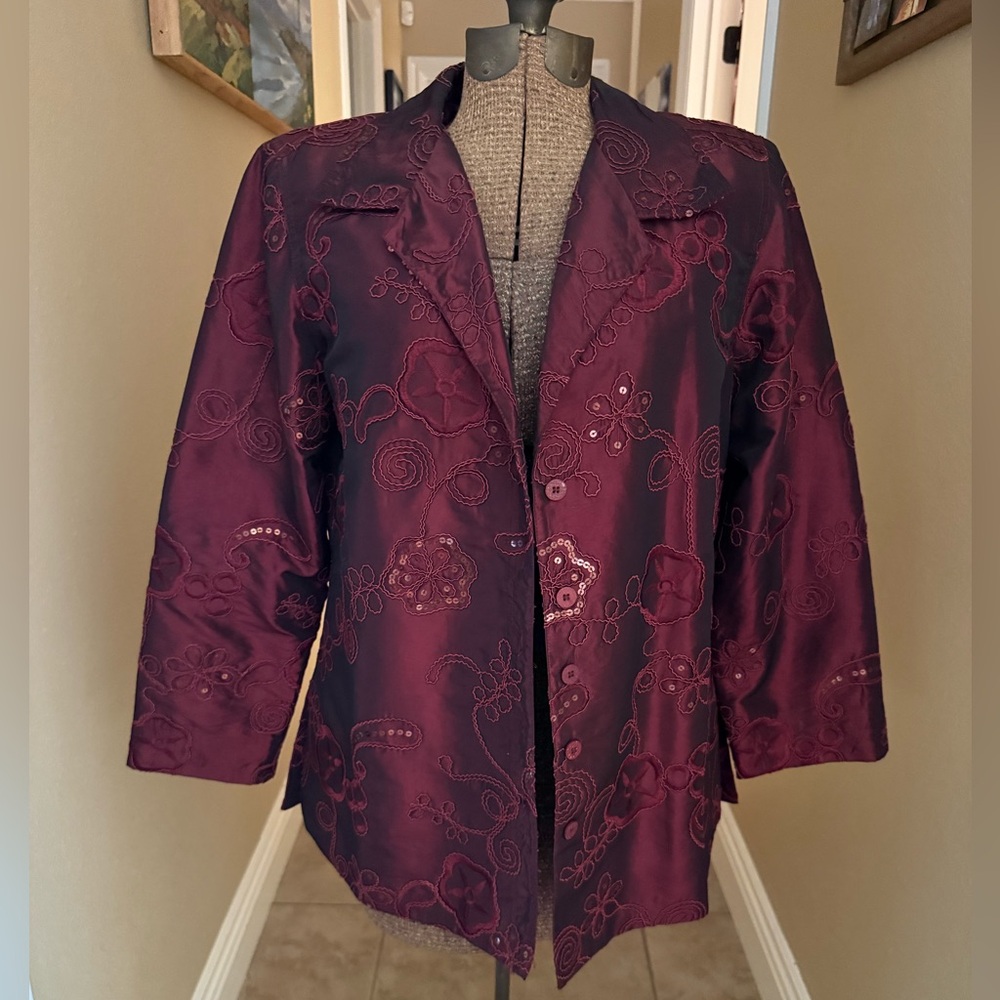 Susan Graver Embroidered Plum Satin Blazer